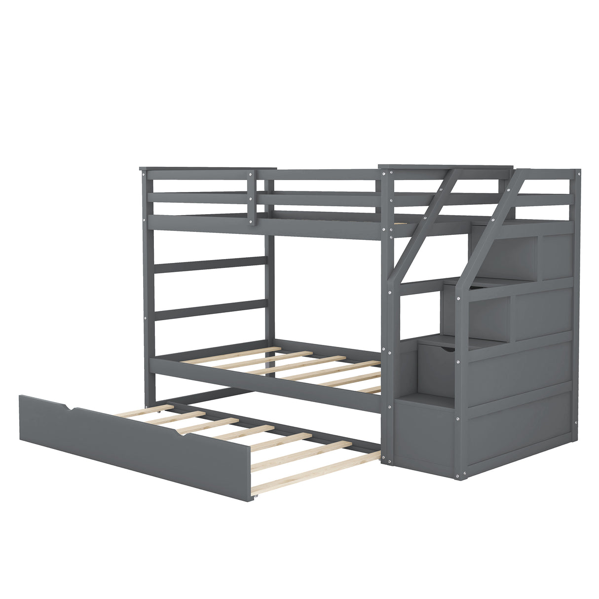 Twin-Over-Twin Bunk Bed with Twin Size Trundle and 3 Storage Stairs,Gray (OLD SKU :LP000064AAE) - Home Elegance USA