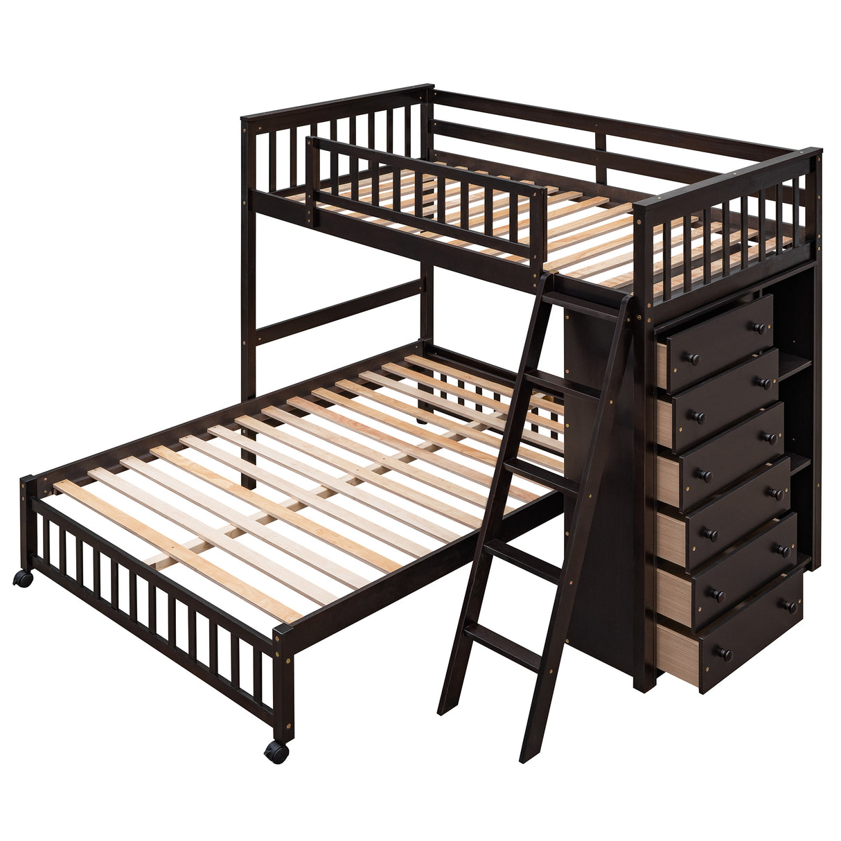 Wooden Twin Over Full Bunk Bed With Six Drawers And Flexible Shelves,Bottom Bed With Wheels,Espresso(OLD SKU:LP000531AAP) - Home Elegance USA