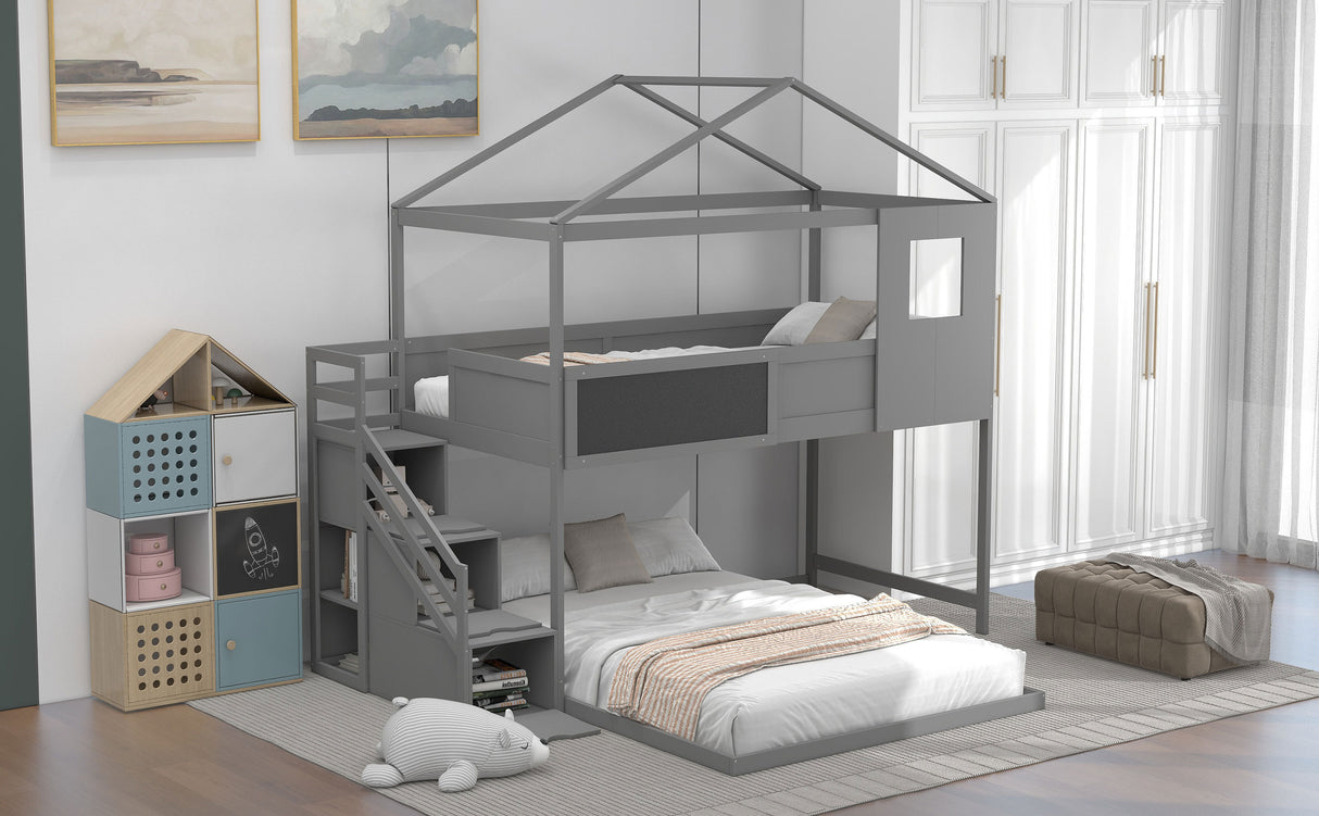 Twin over Full House Bunk Bed with Storage Staircase and Blackboard,Grey - Home Elegance USA