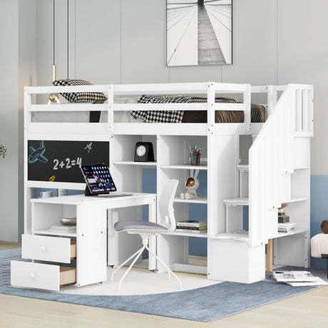 Twin Size Loft Bed with Pullable Desk and Storage Shelves,Staircase and Blackboard,White - Home Elegance USA