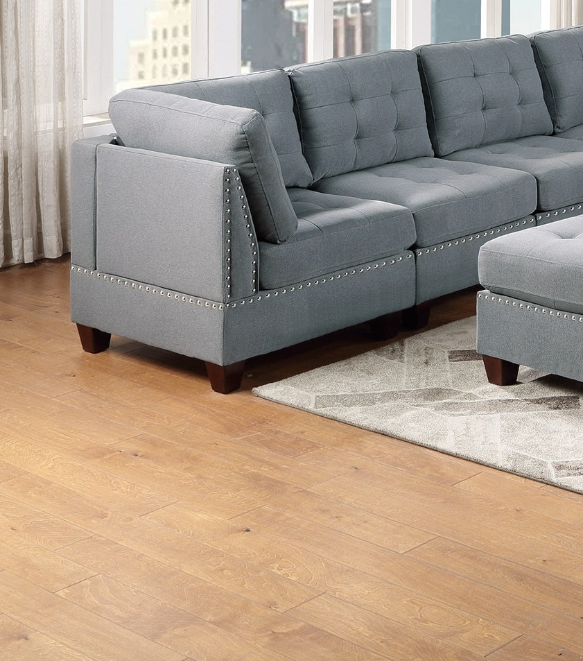 Living Room Furniture Tufted Corner Wedge Grey Linen Like Fabric 1pc Cushion Nail heads Wedge Sofa Wooden Legs - Home Elegance USA
