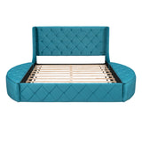 Upholstered Platform Bed Queen Size Storage Velvet Bed with Wingback Headboard and 1 Big Drawer,2 Side Storage Stool(Blue) - Home Elegance USA