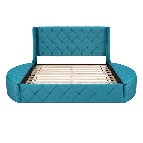 Upholstered Platform Bed Queen Size Storage Velvet Bed with Wingback Headboard and 1 Big Drawer,2 Side Storage Stool(Blue) - Home Elegance USA