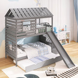 Twin over Twin House Bunk Bed with Trundle and Slide ,Storage Staircase,Roof and Window Design, Gray Home Elegance USA