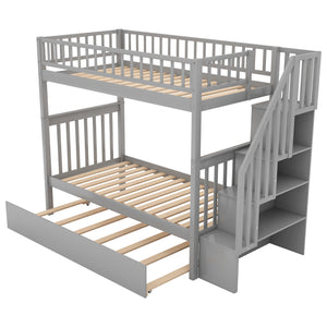 Twin over Twin Bunk Bed with Trundle and Storage, Gray - Home Elegance USA