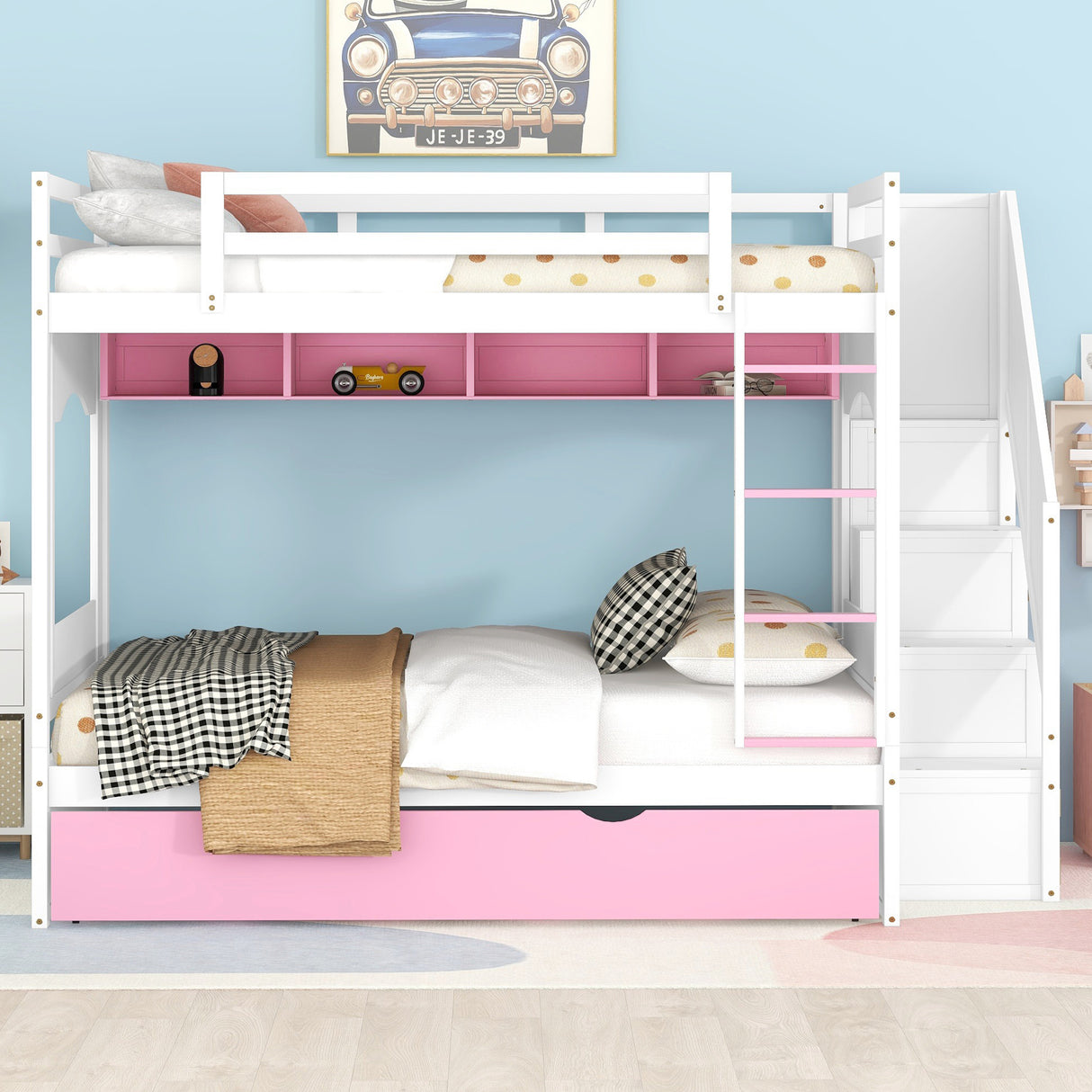 Full Over Full Bunk Bed with Trundle ,Stairs,Ladders Solid Wood Bunk bed with Storage Cabinet （White + Pink） - Home Elegance USA