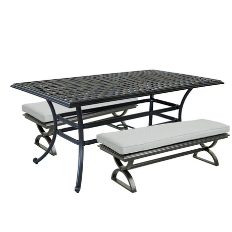 3 Piece Patio Aluminum Dining Set, Rectangle Table with 2 Cushioned Benches, Cast Silver