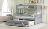 Twin-Over-Full Bunk Bed with Twin size Trundle , Separable Bunk Bed with Drawers for Bedroom - Gray - Home Elegance USA