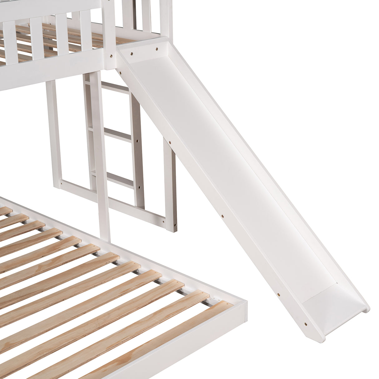 Twin over Full House Bunk Bed with Slide and Built-in Ladder,Full-Length Guardrail,White - Home Elegance USA