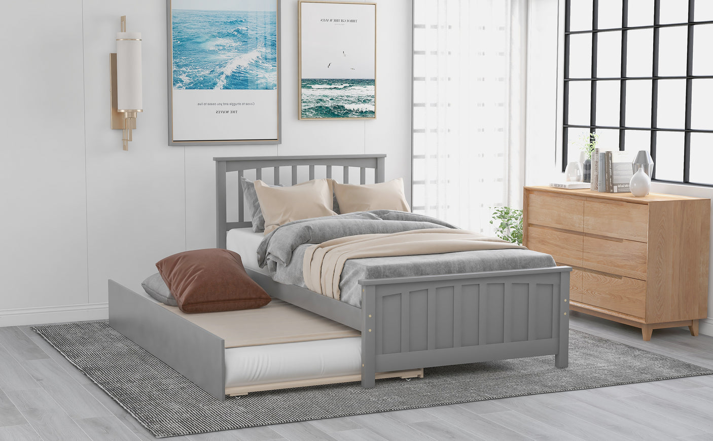 Twin size Platform Bed with Trundle, Gray - Home Elegance USA