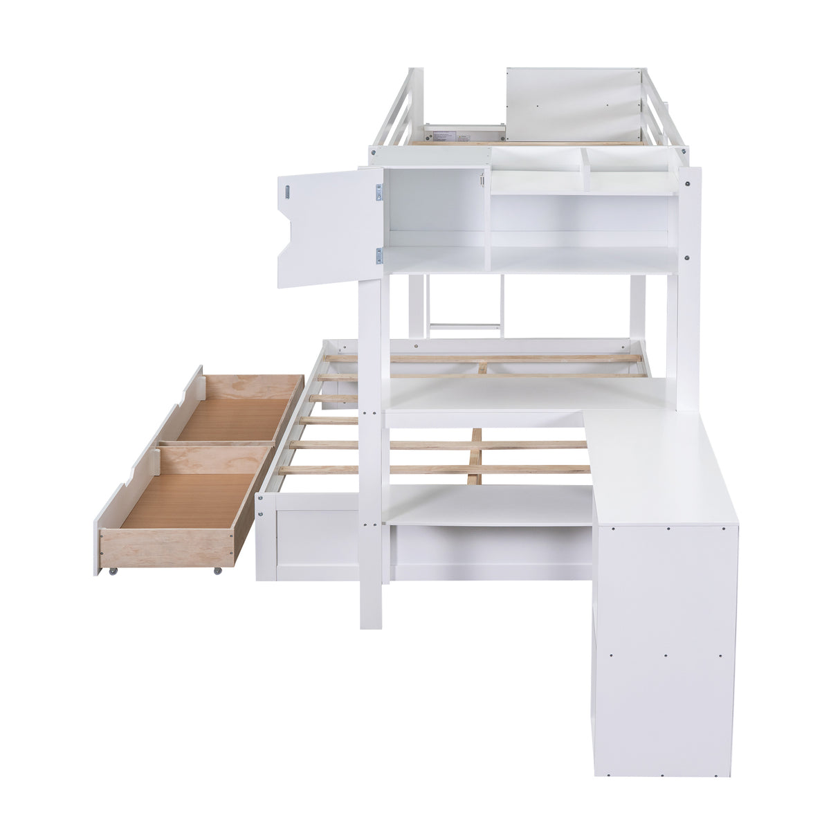 Wood Twin over Full Bunk Bed with Drawers, Shelves, Cabinets, L-shaped Desk and Magazine Holder, White - Home Elegance USA