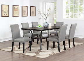 Modern Classic Dining Room Furniture Natural Wooden Rectangle Top Dining Table 6x Side Chairs Gray Fabric Nail heads Trim and Storage Shelve 7pc Dining Set - Home Elegance USA