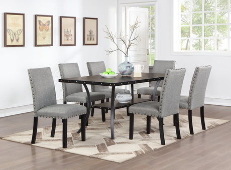 Modern Classic Dining Room Furniture Natural Wooden Rectangle Top Dining Table 6x Side Chairs Gray Fabric Nail heads Trim and Storage Shelve 7pc Dining Set - Home Elegance USA