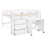 Full Size Low Loft Bed with Rolling Portable Desk, Drawers and Shelves,  White - Home Elegance USA