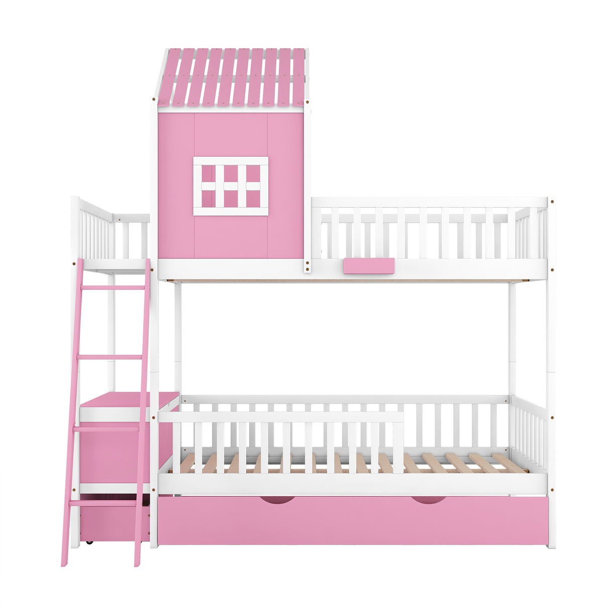 Twin over Twin Bunk Bed with Twin Size Trundle , Farmhouse Bed with Storage Box and Drawer - Pink - Home Elegance USA