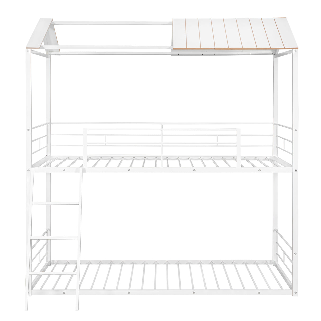 Twin Over Twin Bunk Bed Metal Bed with Half Roof, Guardrail and Ladder White - Home Elegance USA