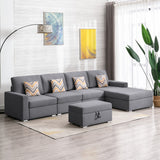 Nolan Gray Linen Fabric 5Pc Reversible Sofa Chaise with Interchangeable Legs, Storage Ottoman, and Pillows - Home Elegance USA