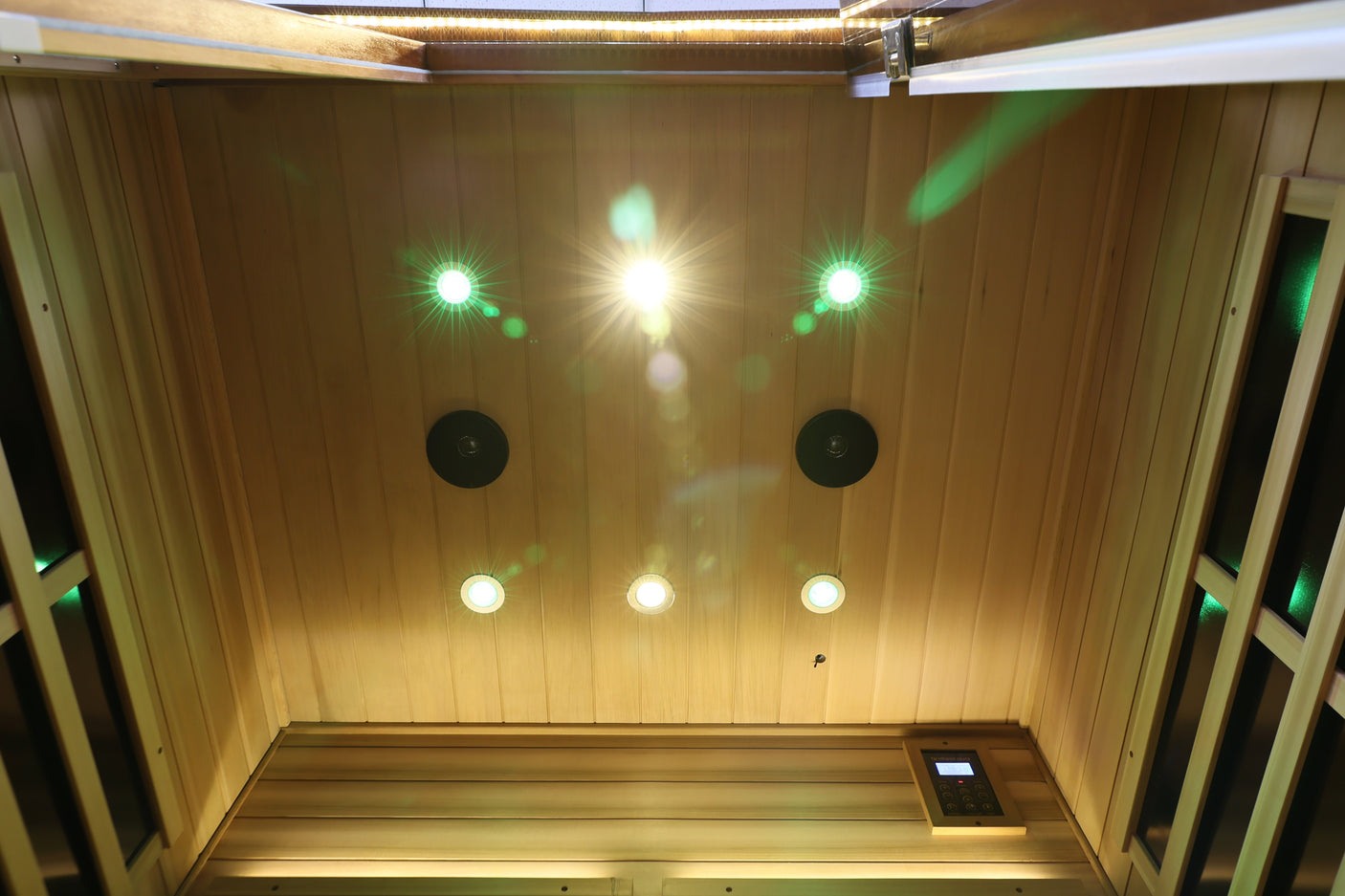 Outdoor Sauna for 4 Person,applicable indoors and outdoors. Far Infrared Sauna 8 Low EMF Heaters, Wooden Sauna Room 2050 Watt, mahogany wood, Chromotherapy, Bluetooth Speaker, LCD, LED.