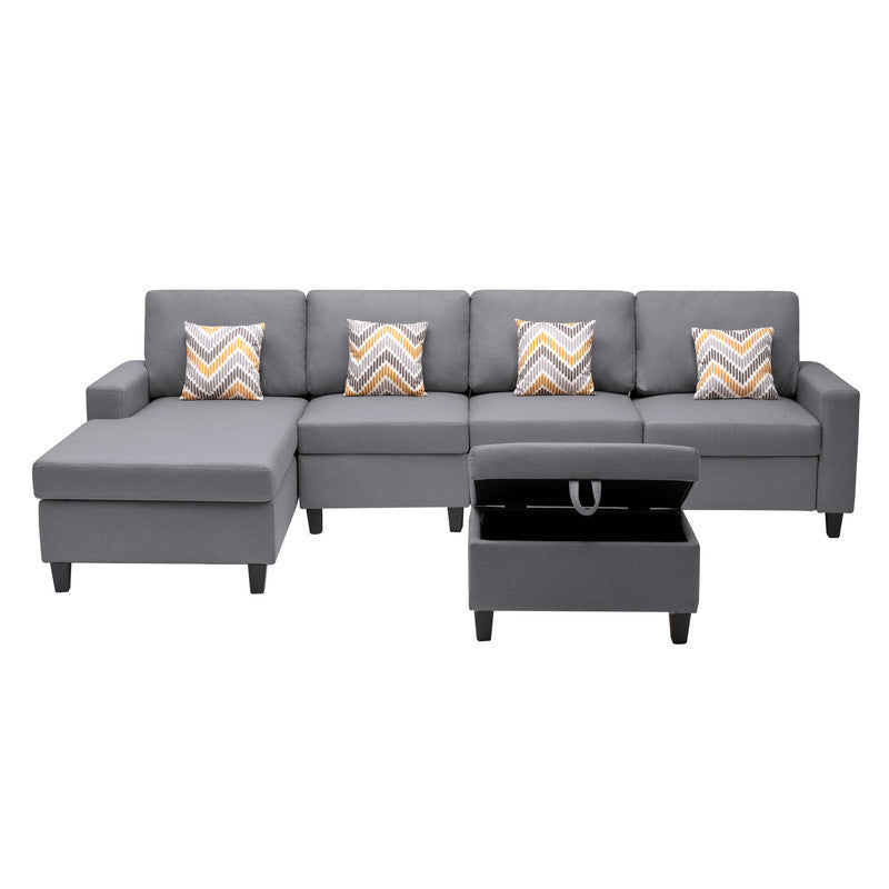 Nolan Gray Linen Fabric 5Pc Reversible Sofa Chaise with Interchangeable Legs, Storage Ottoman, and Pillows - Home Elegance USA