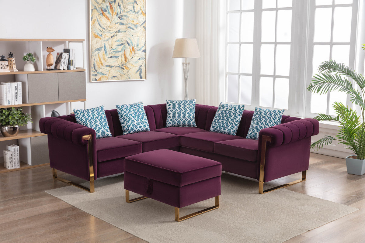 Maddie Purple Velvet 5-Seater Sectional Sofa with Storage Ottoman - Home Elegance USA