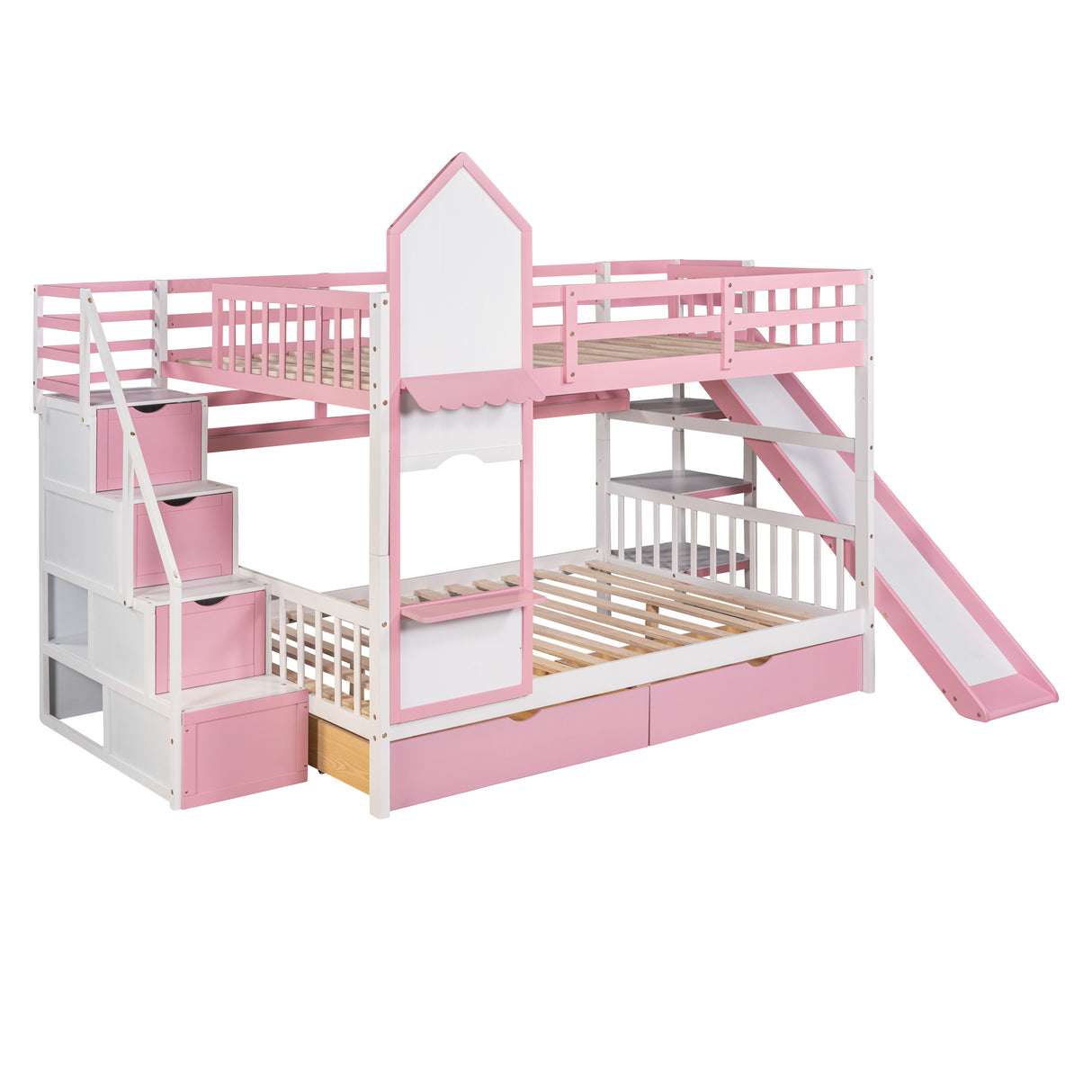 Full-Over-Full Castle Style Bunk Bed with 2 Drawers 3 Shelves and Slide - Pink