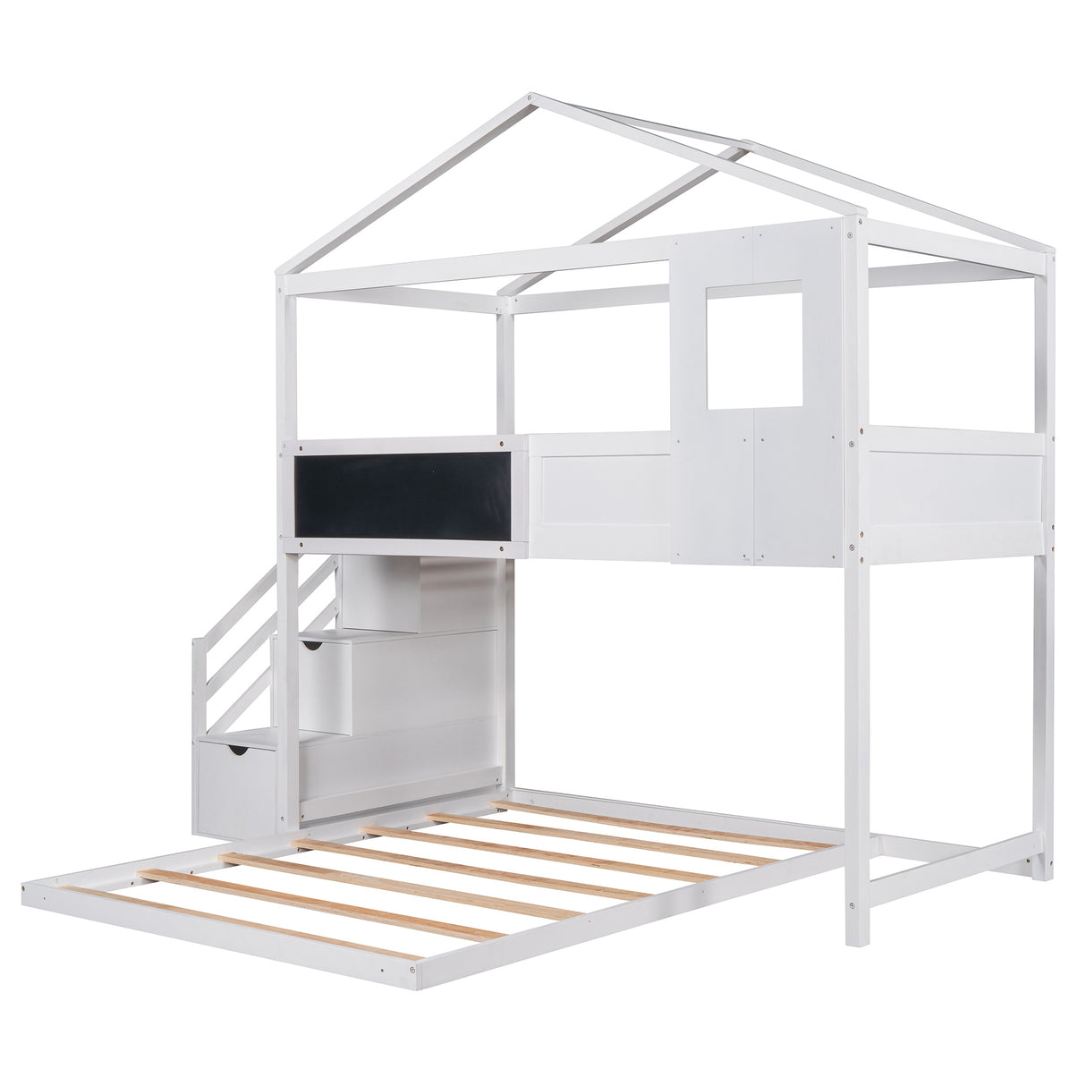 Twin over Full House Bunk Bed with Storage Staircase and Blackboard,White - Home Elegance USA