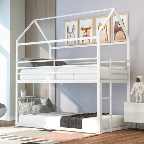 Bunk Beds for Kids Twin over Twin,House Bunk Bed Metal Bed Frame Built-in Ladder,No Box Spring Needed White - Home Elegance USA