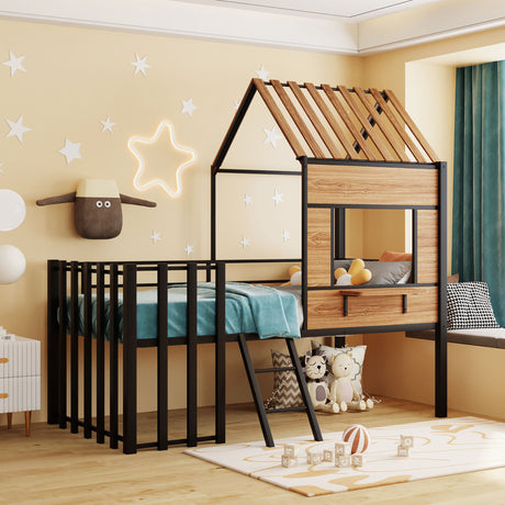 Metal Twin size Loft Bed with Roof, Window, Guardrail, Ladder Black