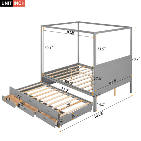 Queen Size Canopy Platform Bed with Twin Size Trundle and Three Storage Drawers,Gray - Home Elegance USA