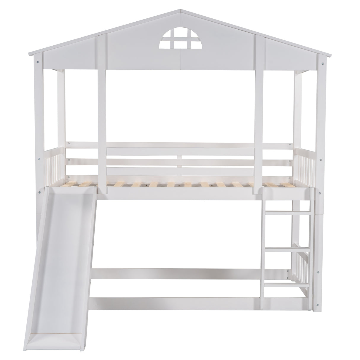 Twin over Twin House Bunk Bed with Convertible Slide and Ladder,Converts into 2 Separate Platform Beds,White - Home Elegance USA