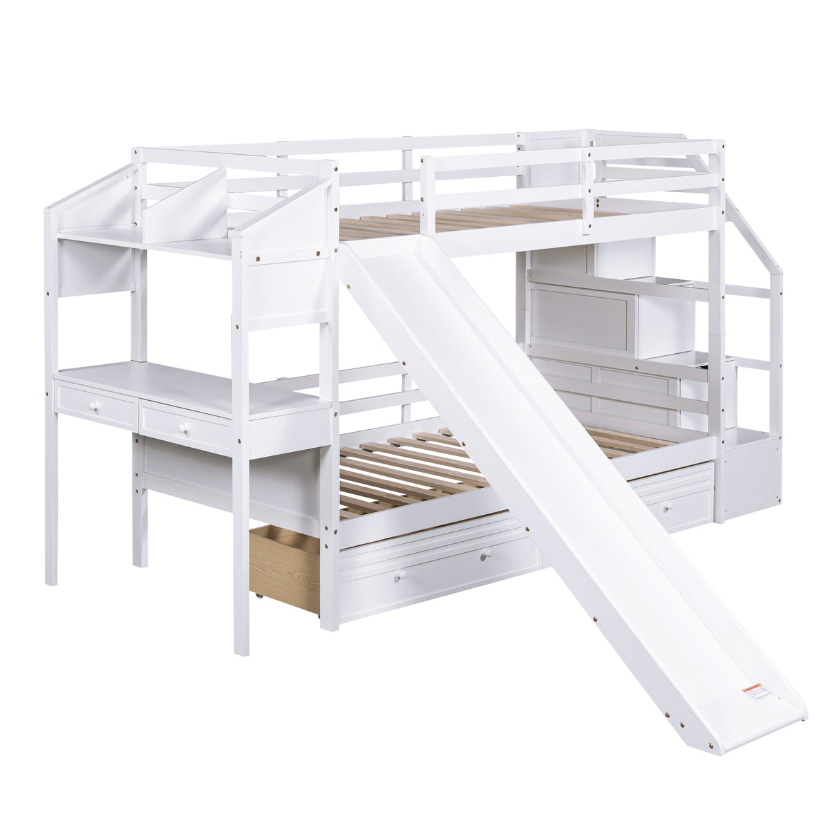 Twin over Twin Bunk Bed with Storage Staircase, Slide and Drawers, Desk with Drawers and Shelves, White - Home Elegance USA