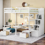 Full over Full Size Bunk Bed with staircase,the Down Bed can be Convertible to Seats and Table Set,White - Home Elegance USA