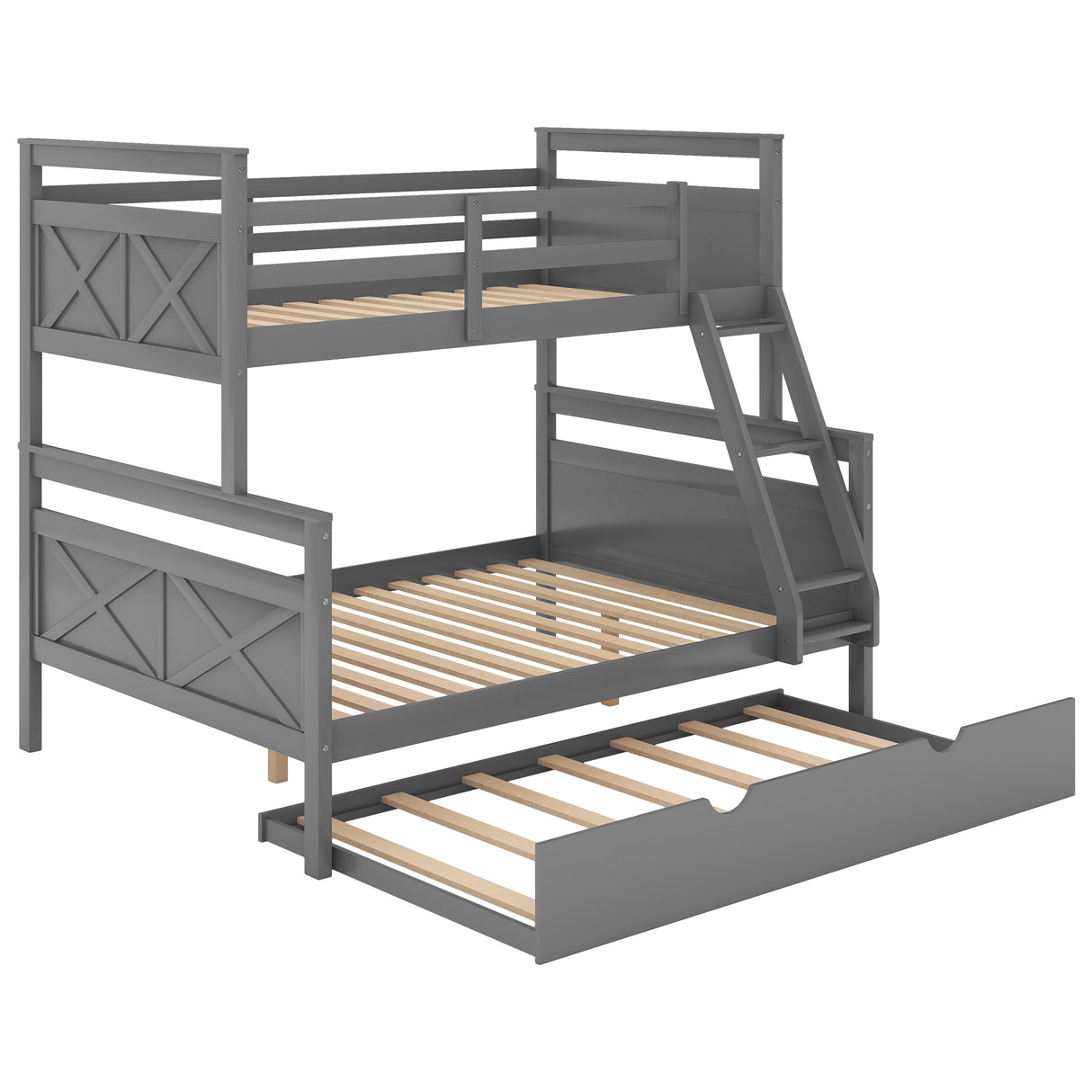 Twin over Full Bunk Bed with Ladder, Twin Size Trundle, Safety Guardrail, Gray - Home Elegance USA