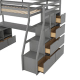 Twin Size Loft Bed with with 7 Drawers 2 Shelves and Desk - Gray - Home Elegance USA