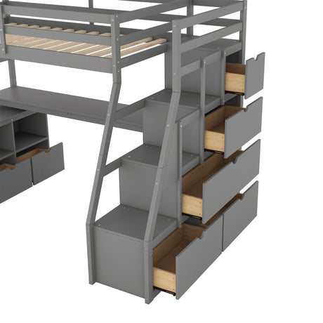 Twin Size Loft Bed with with 7 Drawers 2 Shelves and Desk - Gray