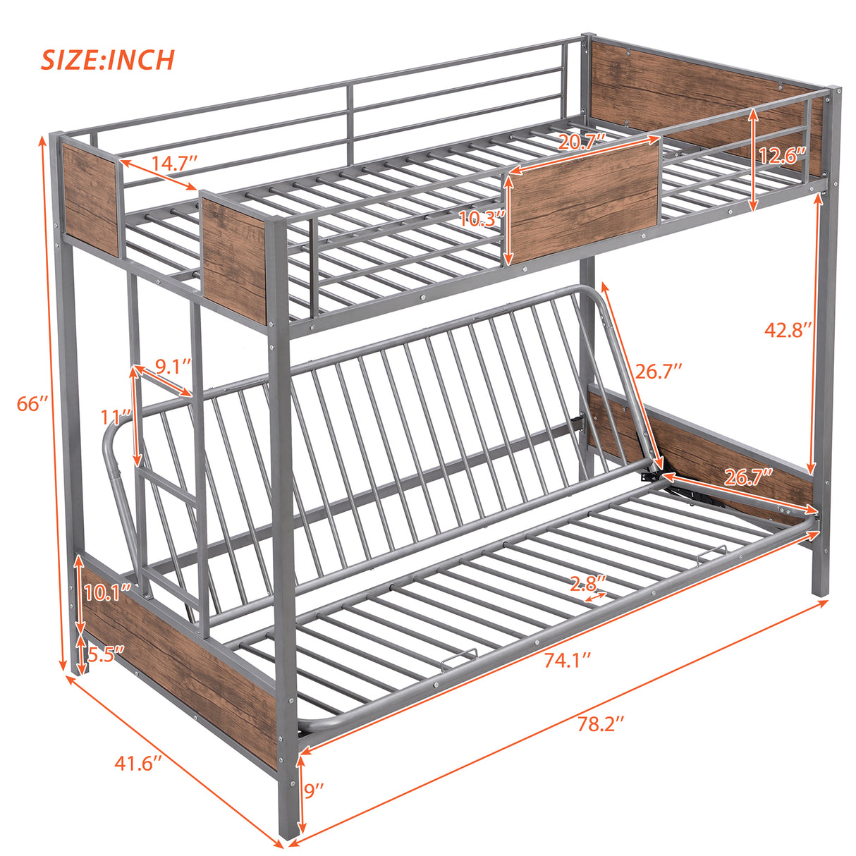 Twin-Over-Futon Bunk Bed, Metal Futon Bunk Bed Frame with Guardrails and Ladder(Gray)(OLD SKU:LP000096AAE) - Home Elegance USA