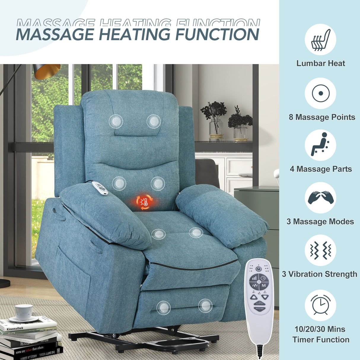 Massage Recliner,Power Lift Chair for Elderly with Adjustable Massage and Heating Function,Recliner Chair with Infinite Position and Side Pocket for Living Room ,Blue Home Elegance USA