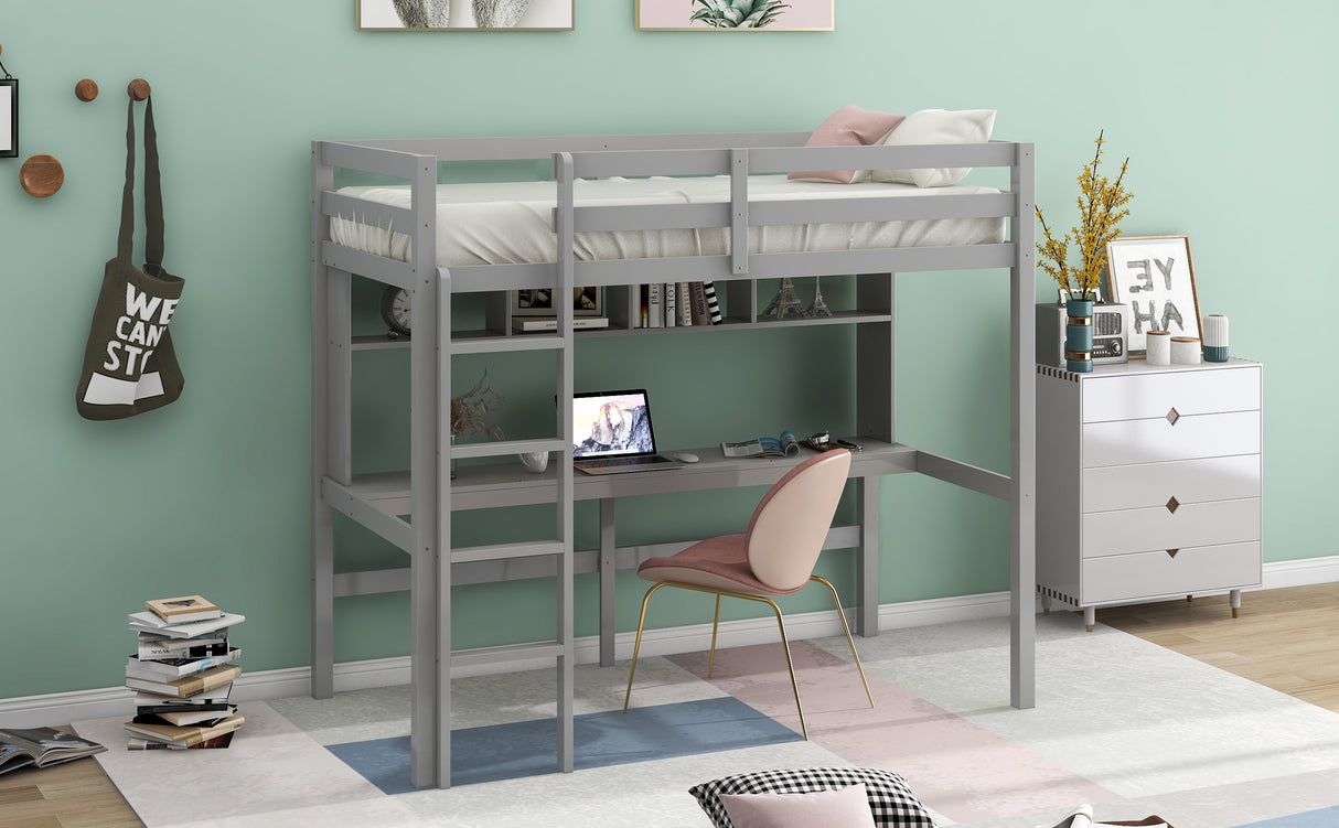 Twin Size Loft Bed with Convenient Desk, Shelves, and Ladder, White(Similar SKU:SM001302AAE) - Home Elegance USA