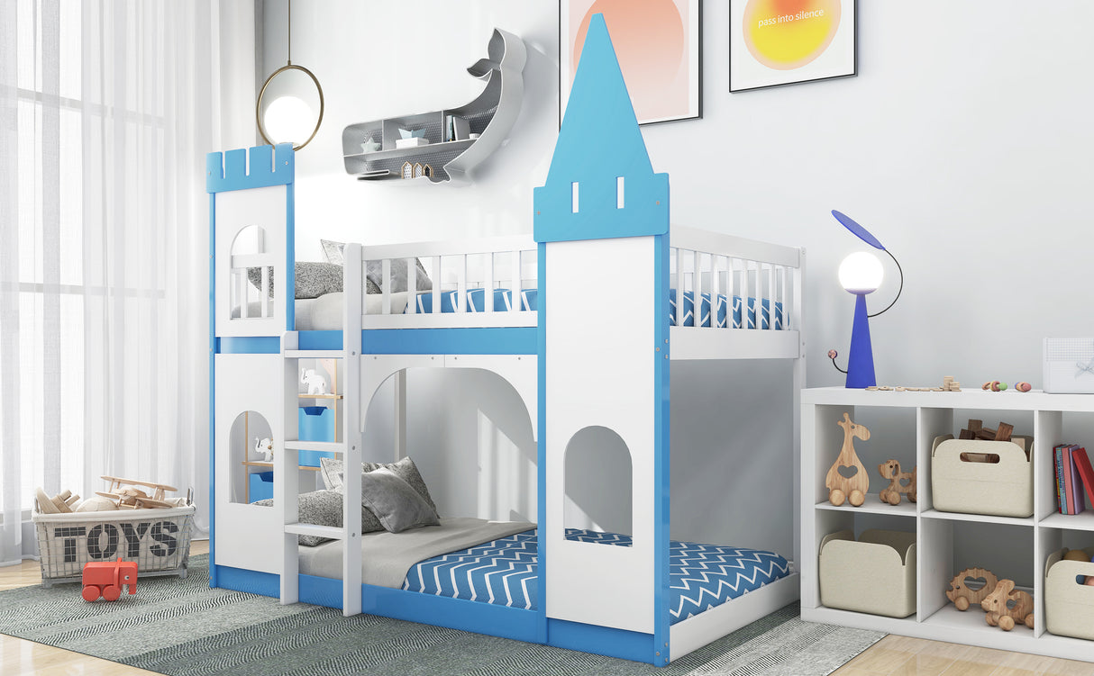 Twin Over Twin Castle Bunk Bed with Ladder - Blue - Home Elegance USA