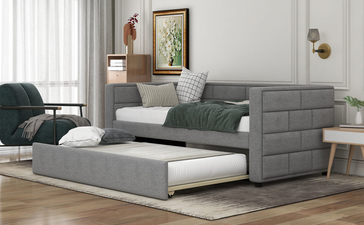 Twin Size Daybed with Trundle, Upholstered Daybed with Padded Back, Gray