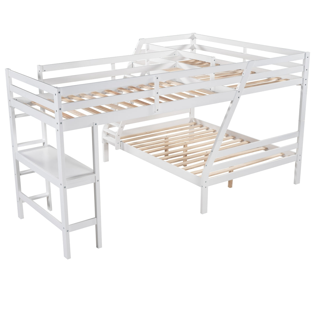 L-Shaped Twin over Full Bunk Bed and Twin Size Loft Bed with Built-in Desk,White - Home Elegance USA