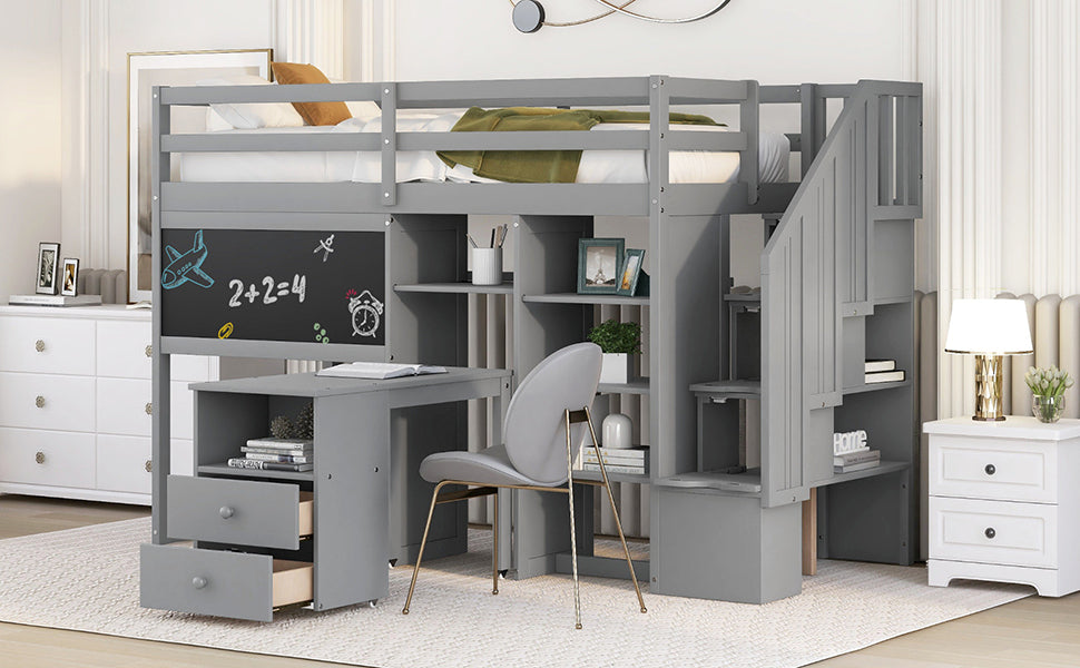 Twin Size Loft Bed with Pullable Desk and Storage Shelves,Staircase and Blackboard,Gray - Home Elegance USA