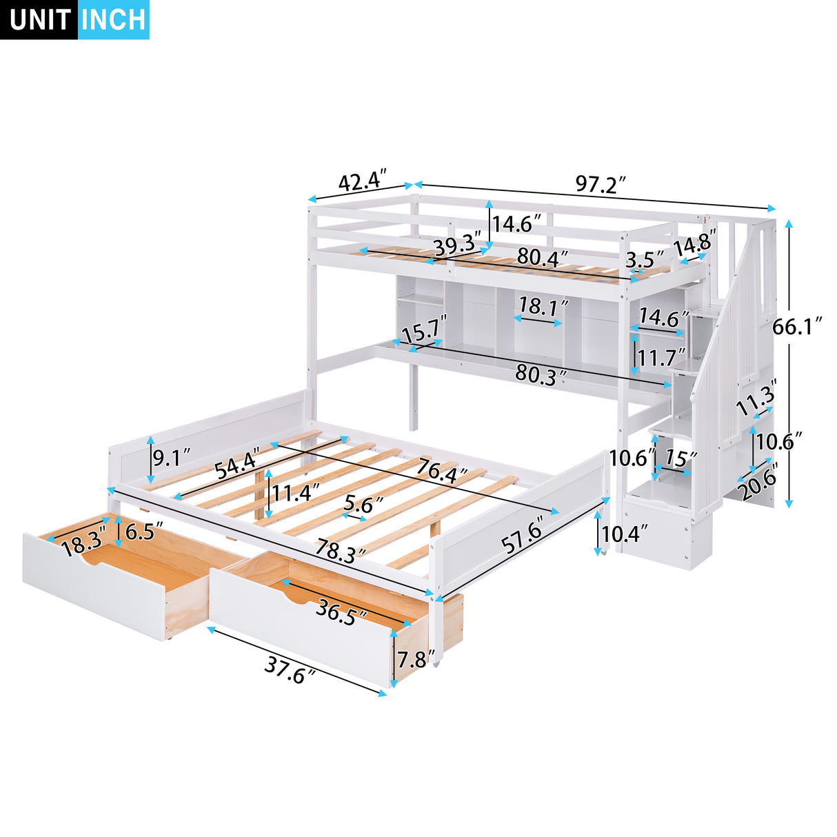 Twin XL over Full Bunk Bed with Built-in Storage Shelves, Drawers and Staircase,White - Home Elegance USA