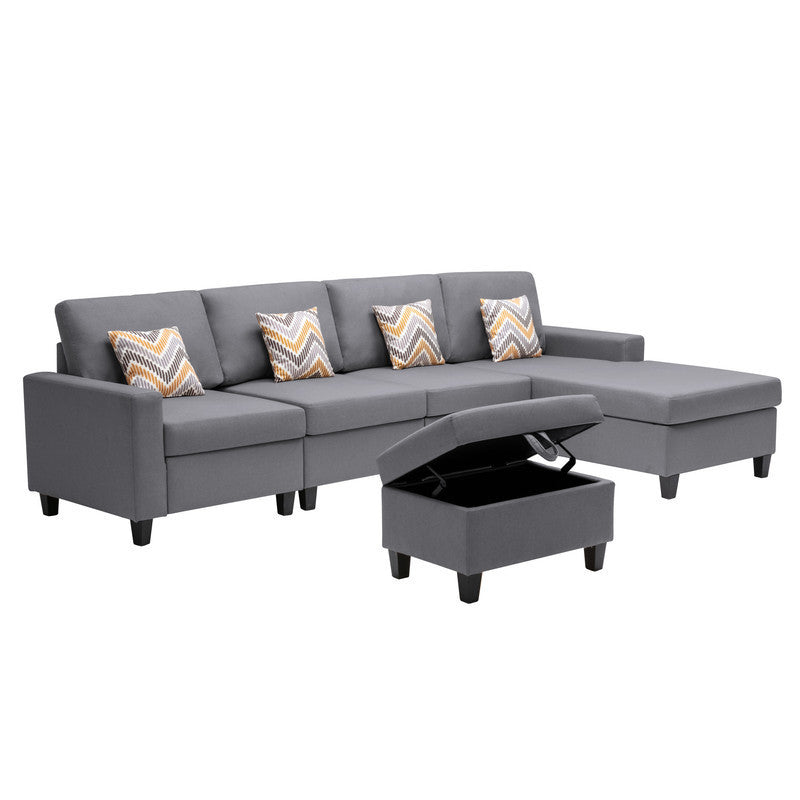 Nolan Gray Linen Fabric 5Pc Reversible Sofa Chaise with Interchangeable Legs, Storage Ottoman, and Pillows - Home Elegance USA