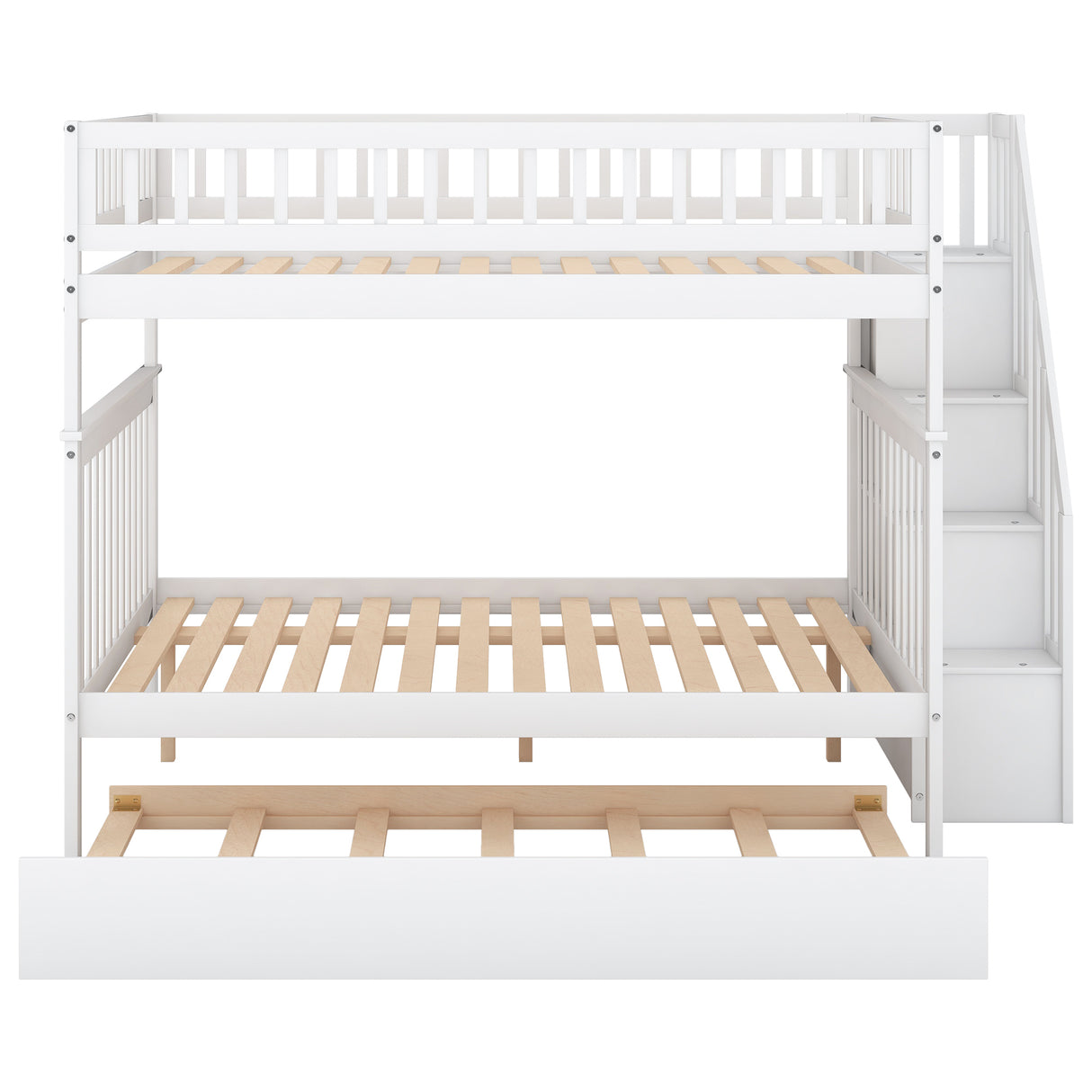 Full over Full Bunk Bed with Trundle and Staircase,White - Home Elegance USA