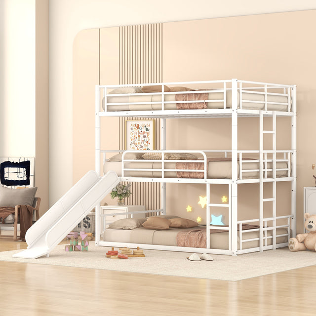 Full Size Metal Bunk Bed with Ladders and Slide, Divided into One Platform and Loft Bed, White - Home Elegance USA