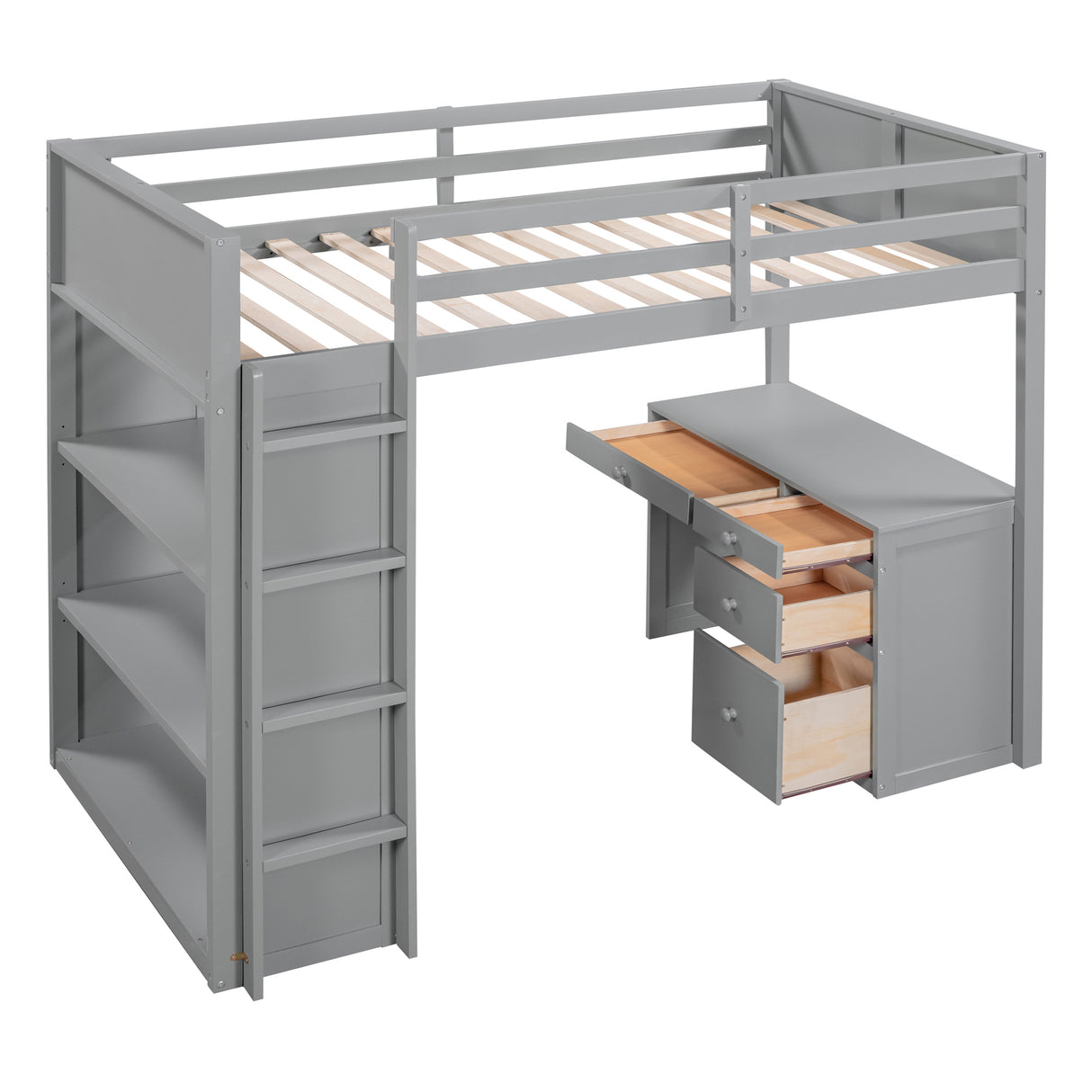 Twin Size Loft Bed with Ladder, Shelves, and Desk, Gray - Home Elegance USA