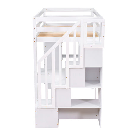 Twin size Loft Bed with Storage Drawers ,Desk and Stairs, Wooden Loft Bed with Shelves - White - Home Elegance USA