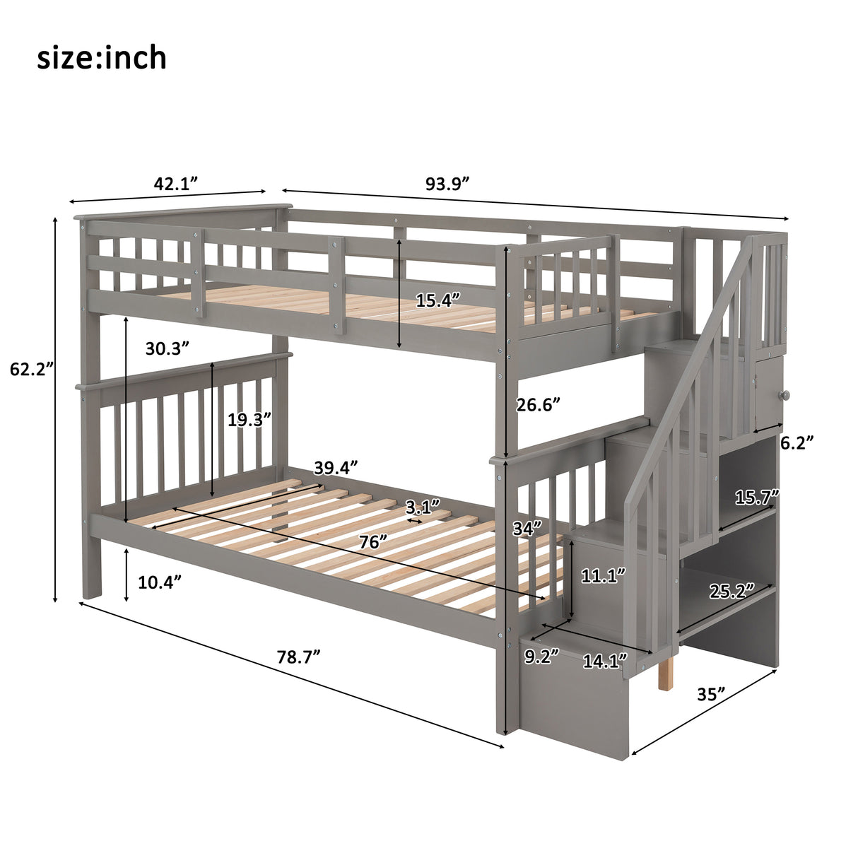 Stairway Twin-Over-Twin Bunk Bed with Storage and Guard Rail for Bedroom, Dorm, Gray color(OLD SKU :LP000109AAE) - Home Elegance USA