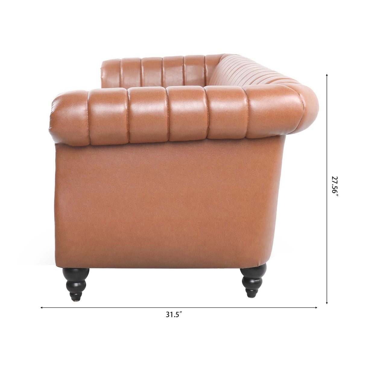 83.46" Brown PU Rolled Arm Chesterfield Three Seater Sofa. | Home Elegance USA